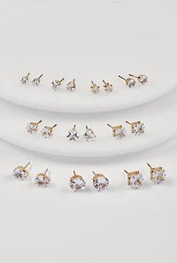 Metallic Cubic Zirconia Stud Earrings Set of 10