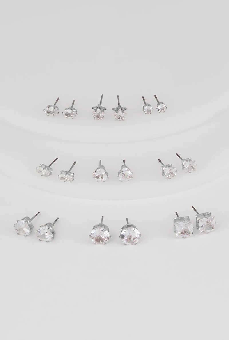 Womens Cubic Zirconia Shaped Stud Earrings Set of 9, Silver