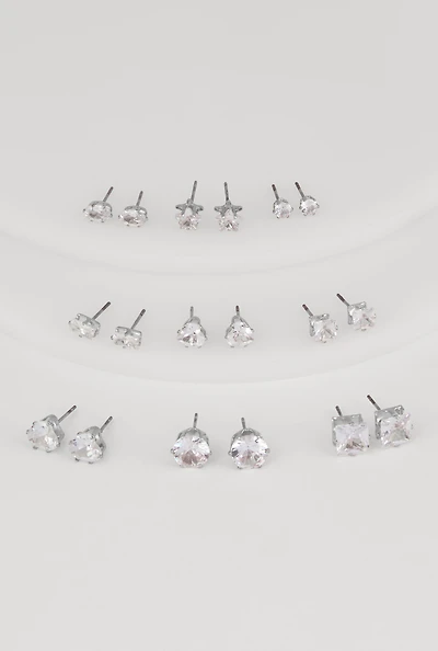 Womens Cubic Zirconia Shaped Stud Earrings Set of 9, Silver