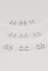 Womens Cubic Zirconia Shaped Stud Earrings Set of 9, Silver