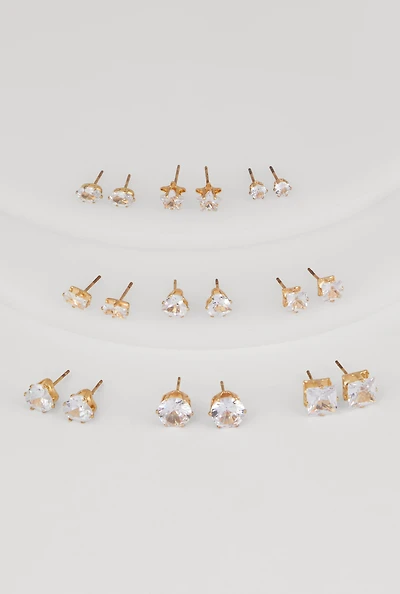 Cubic Zirconia Shaped Stud Earrings Set of 9