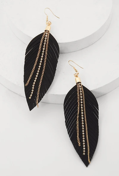 Womens Faux Leather Rhinestone Chain Leaf Earrings, Black