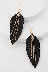 Womens Faux Leather Rhinestone Chain Leaf Earrings, Black