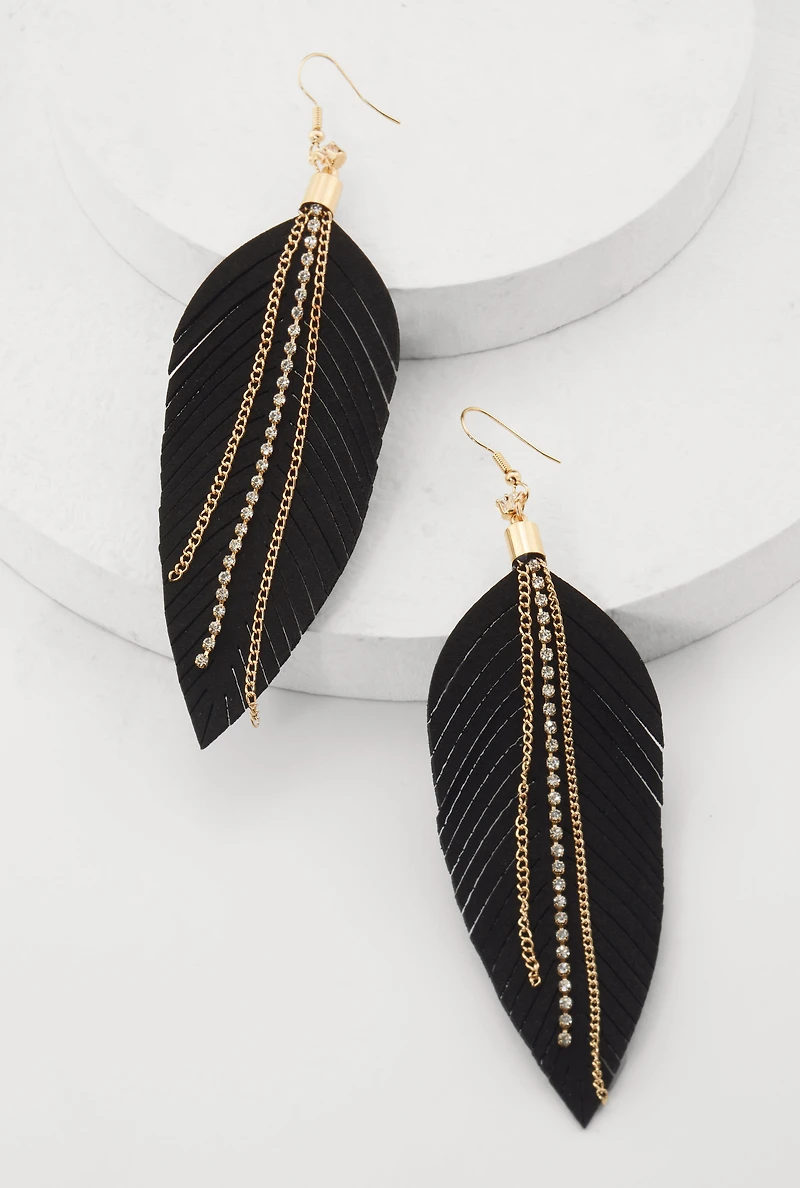 Womens Faux Leather Rhinestone Chain Leaf Earrings,