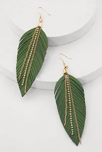 Faux Leather Rhinestone Chain Leaf Earrings
