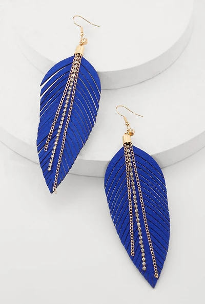 Womens Faux Leather Rhinestone Chain Leaf Earrings,