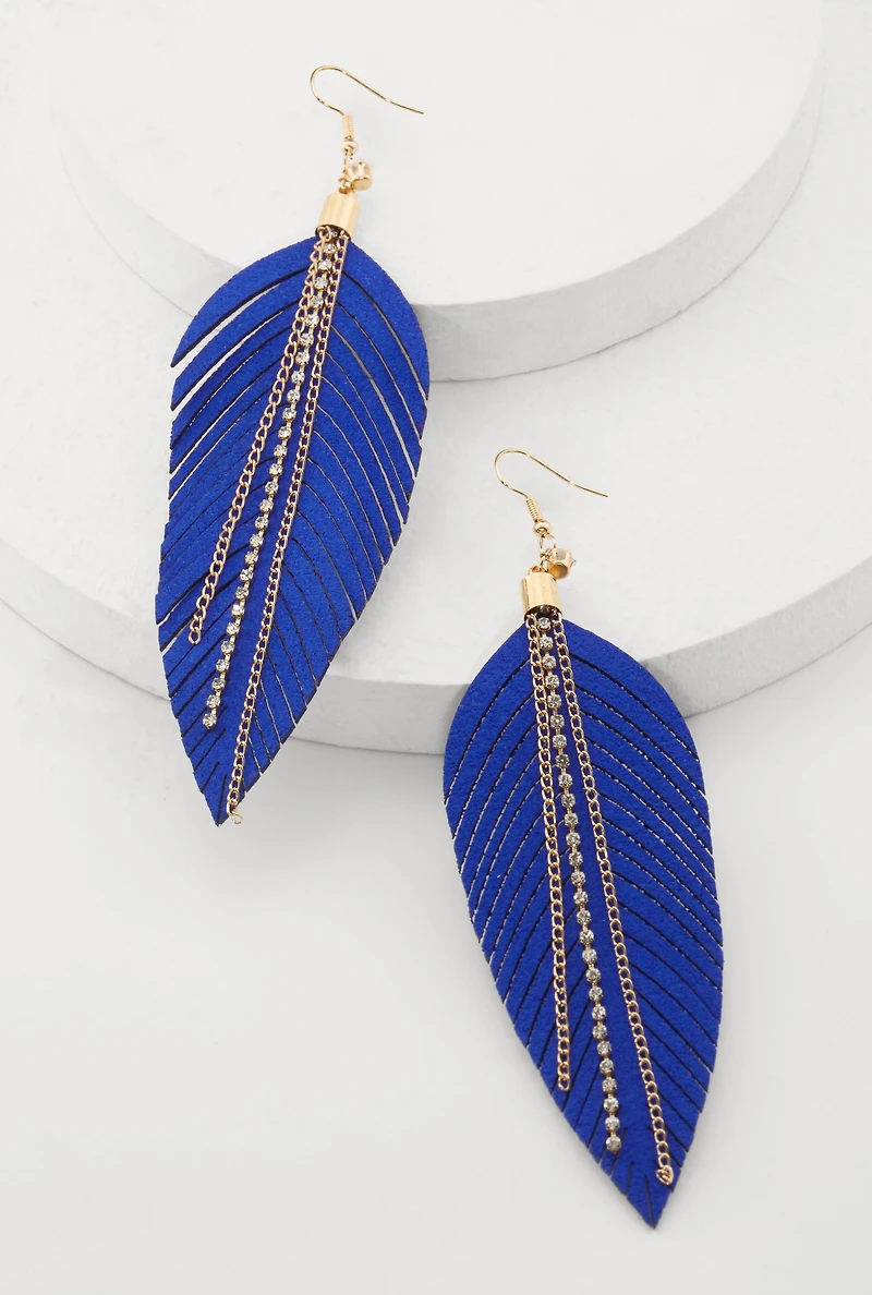 Faux Leather Rhinestone Chain Leaf Earrings