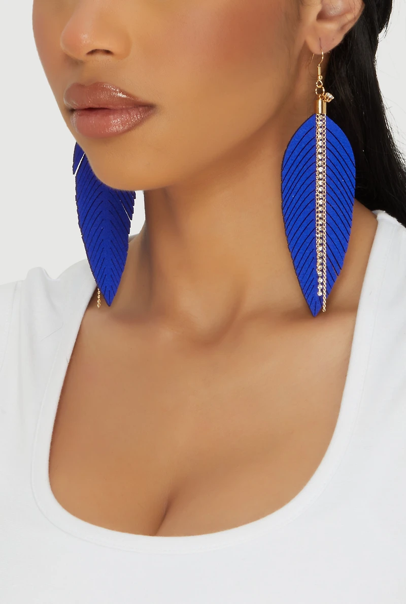 Womens Faux Leather Rhinestone Chain Leaf Earrings,