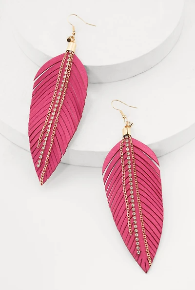 Womens Faux Leather Rhinestone Chain Leaf Earrings, Pink
