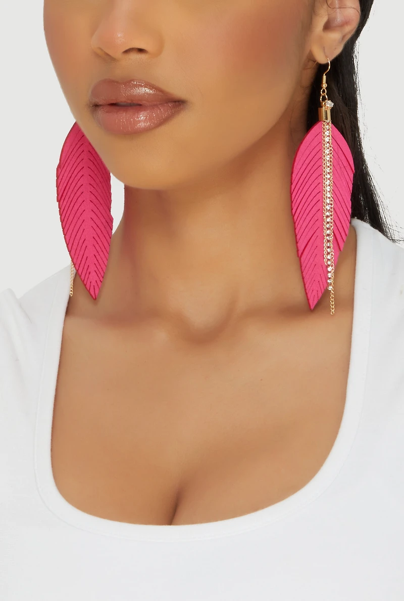 Womens Faux Leather Rhinestone Chain Leaf Earrings, Pink