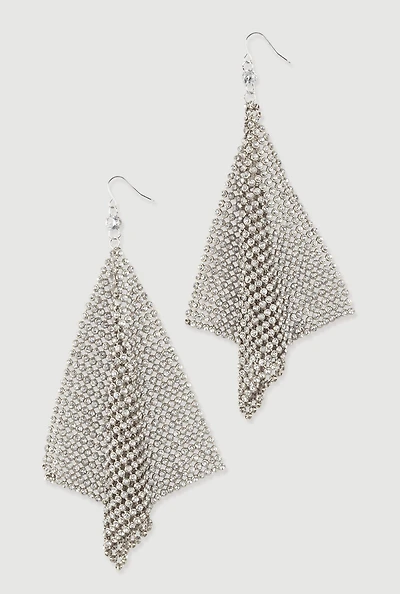 Womens Rhinestone Metallic Triangle Mesh Drop Earrings, Silver
