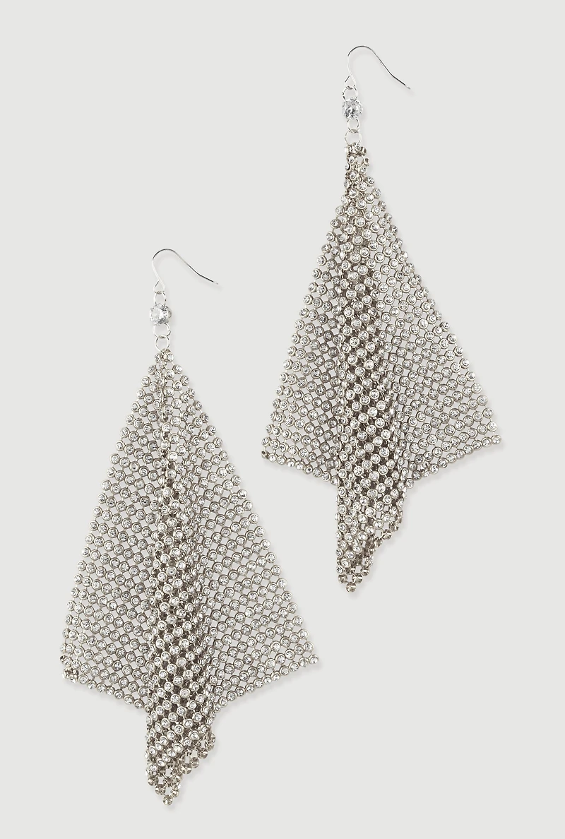 Womens Rhinestone Metallic Triangle Mesh Drop Earrings, Silver