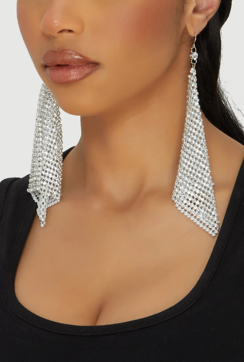 Womens Rhinestone Metallic Triangle Mesh Drop Earrings, Silver