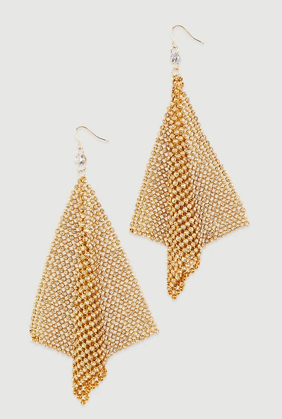 Womens Rhinestone Metallic Triangle Mesh Drop Earrings, Gold