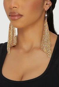 Womens Rhinestone Metallic Triangle Mesh Drop Earrings, Gold