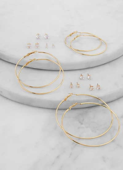 Womens Cubic Zirconia Stud Earrings and Hoop Earrings Set of 9, Gold