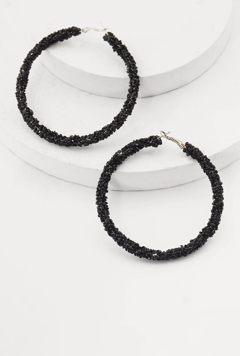 Womens Metallic Rhinestone Hoop Earrings, Black