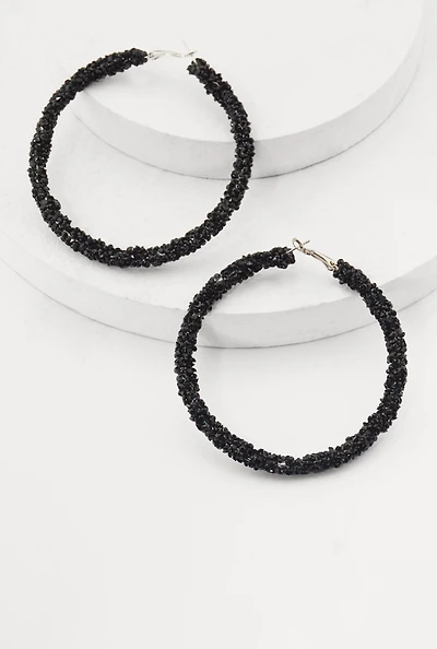Womens Metallic Rhinestone Hoop Earrings, Black