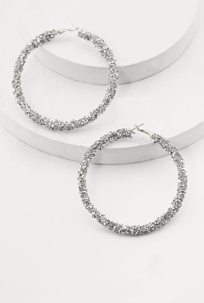Womens Metallic Rhinestone Hoop Earrings, Silver