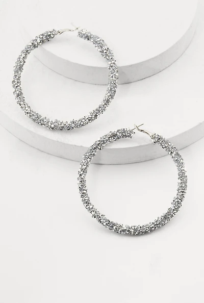 Womens Metallic Rhinestone Hoop Earrings, Silver