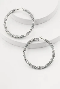 Womens Metallic Rhinestone Hoop Earrings, Silver