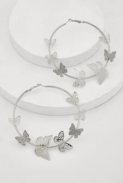 Womens Metallic Butterfly Hoop Earrings, Silver
