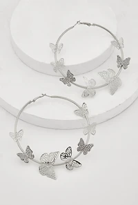 Womens Metallic Butterfly Hoop Earrings, Silver