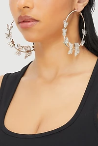 Womens Metallic Butterfly Hoop Earrings, Silver