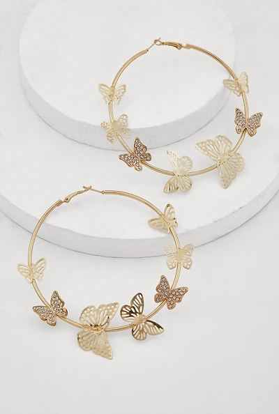Womens Metallic Butterfly Hoop Earrings,