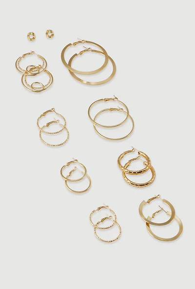 Womens Metallic Assorted Hoop and Stud Earrings Set of 9, Gold