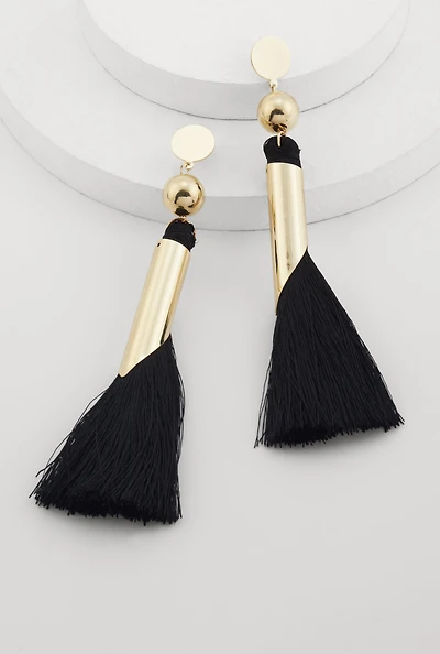 Womens Trendy Color Blocked Metallic Tassel Drop Earrings, Black