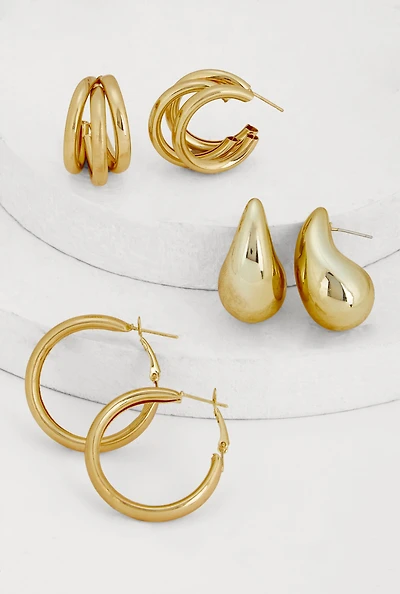 Womens Assorted Metallic Earrings Set of 3, Gold
