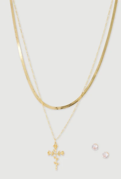 Rose Cross Layered Necklace and Stud Earrings
