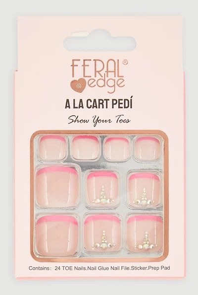 Rhinestone French Tip Press On Pedicure Toenails