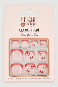 Rhinestone Cherry French Tip Press On Pedicure Toenails