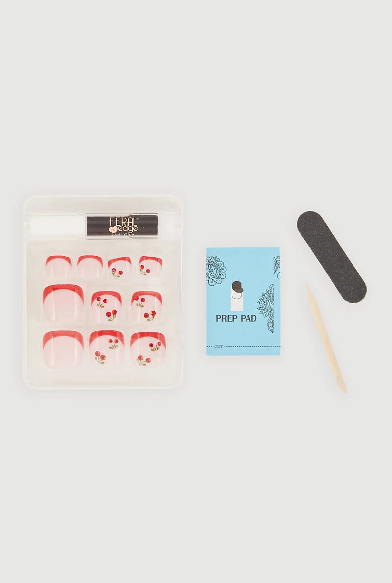 Rhinestone Cherry French Tip Press On Pedicure Toenails