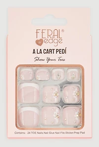 Rhinestone Floral Design French Tip Press On Pedicure Toenails