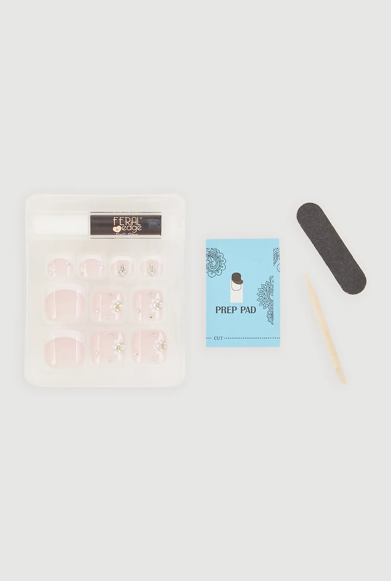 Rhinestone Floral Design French Tip Press On Pedicure Toenails