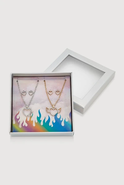 Rhinestone Heart Metallic Earrings and Necklace Set