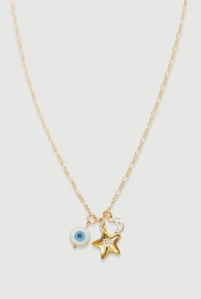 Womens Evil Eye Moon Star Charm Necklace, Gold