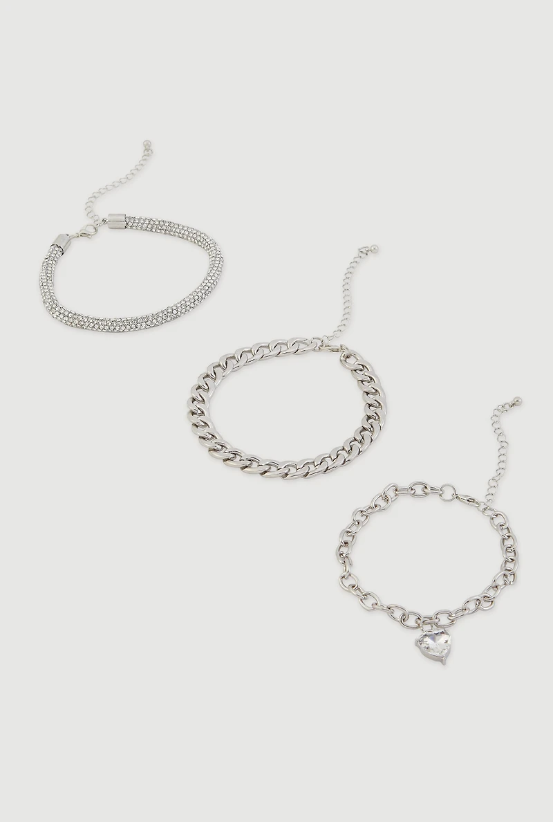 Womens Rhinestone Heart Charm Metallic Chain Anklets Set of 3, Silver