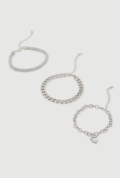 Womens Rhinestone Heart Charm Metallic Chain Anklets Set of 3, Silver