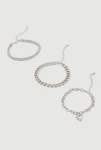 Womens Rhinestone Heart Charm Metallic Chain Anklets Set of 3, Silver