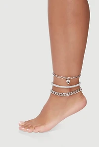 Womens Rhinestone Heart Charm Metallic Chain Anklets Set of 3, Silver