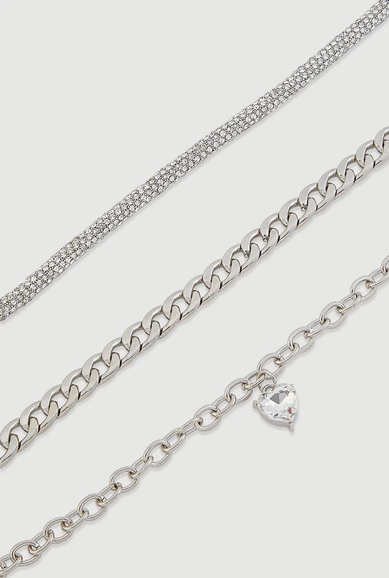 Womens Rhinestone Heart Charm Metallic Chain Anklets Set of 3, Silver