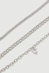 Womens Rhinestone Heart Charm Metallic Chain Anklets Set of 3, Silver