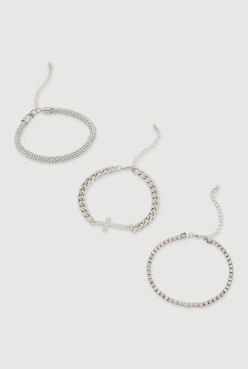 Womens Rhinestone Cross Assorted Metallic Chain Anklets Set of 3, Silver