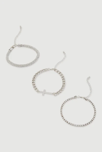 Womens Rhinestone Cross Assorted Metallic Chain Anklets Set of 3, Silver