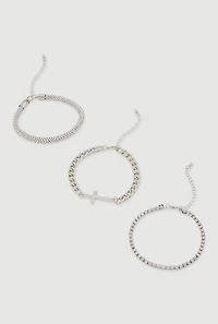 Womens Rhinestone Cross Assorted Metallic Chain Anklets Set of 3, Silver