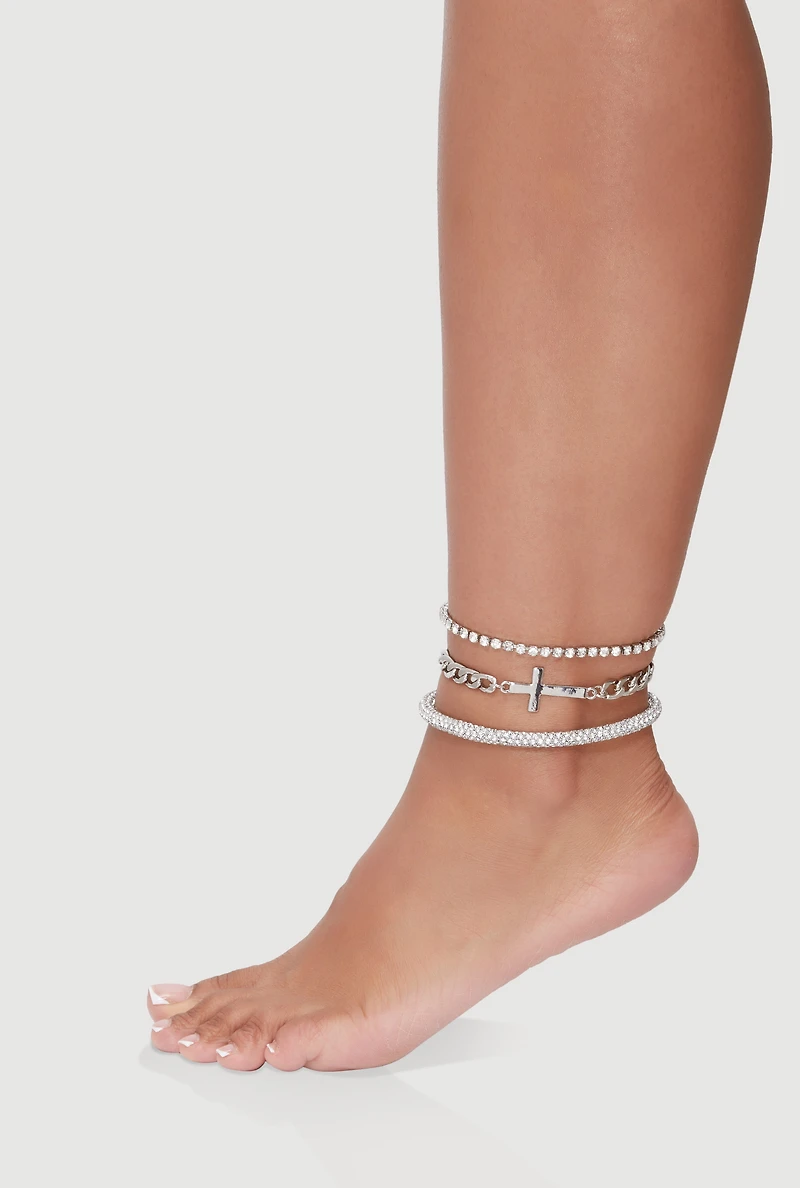 Womens Rhinestone Cross Assorted Metallic Chain Anklets Set of 3, Silver